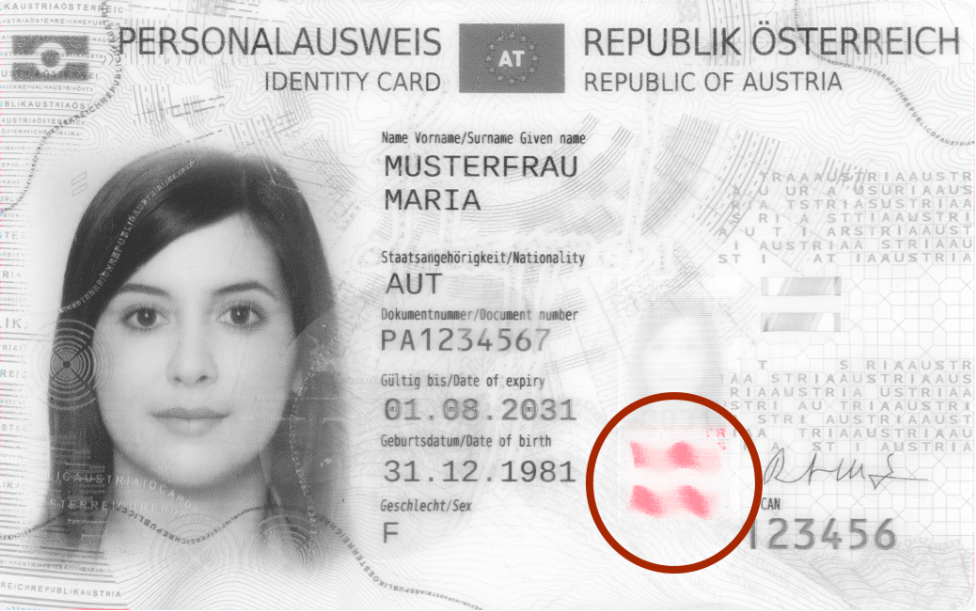 Front side of the Austrian ID card with highlighted flag in the middle