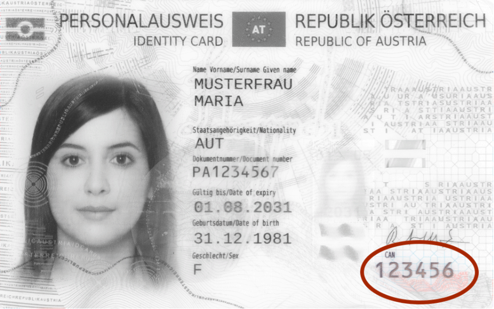 Front side of the Austrian ID card with highlighted CAN number in the bottom right area