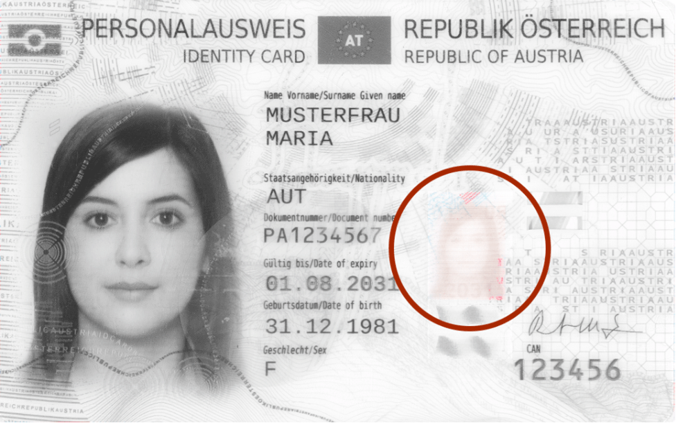 Front side of the Austrian ID card with highlighted tiltable image in the middle
